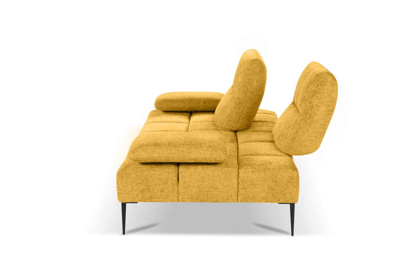 Yellow Canapé Soul sofa with adjustable armrests and backrests, showcasing its double depth for enhanced comfort.