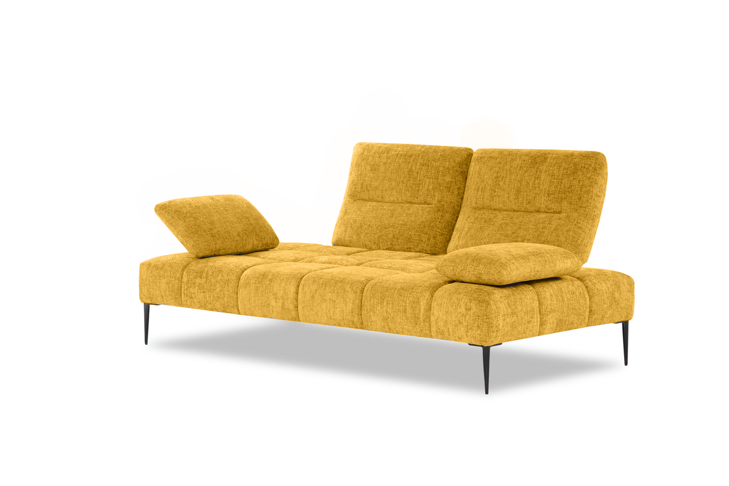 Modern yellow Canapé Soul sofa with adjustable armrests, featuring double-depth cushions for optimal comfort and relaxation.