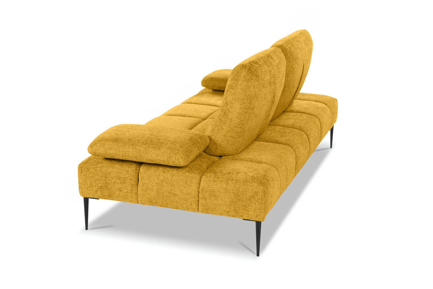 Yellow Canapé Soul sofa with adjustable armrests and dual-depth system for full relaxation, featuring secure design and comfort.