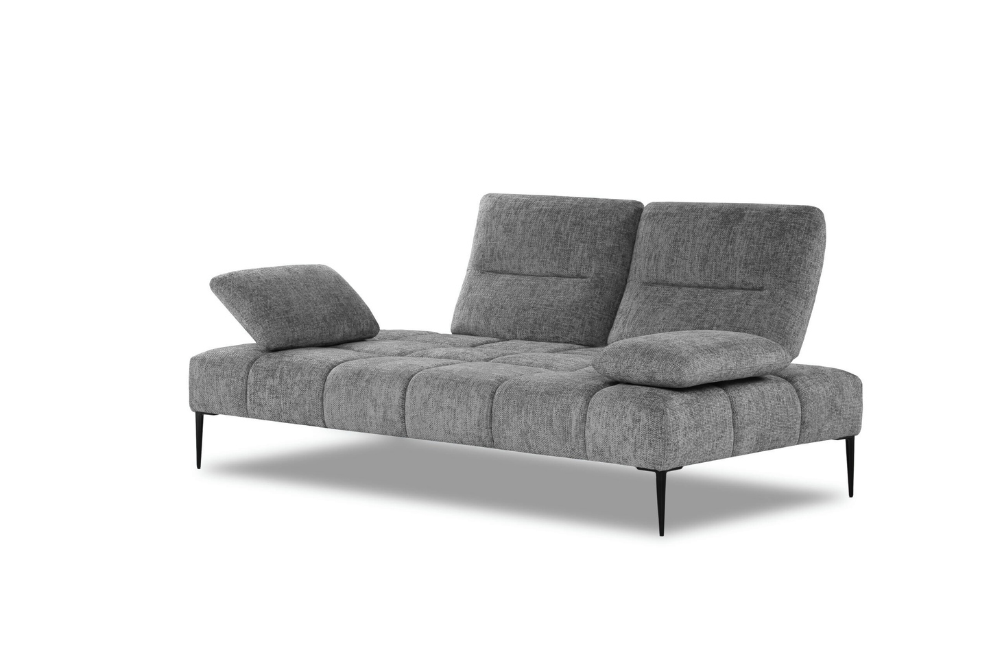 Modern gray sofa with adjustable armrests and double-depth backrests for optimal comfort and relaxation.